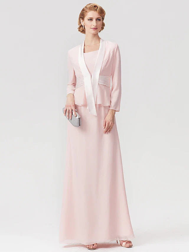 Wholesale Two Piece A-Line Mother of the Bride Dress Elegant Square Neck Floor Length Chiffon Charmeuse Sleeveless Wrap Included with Ruched